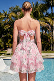 Sweetheart A-Line rosa floral fruncido, con volantes y vestido de bienvenida con lazo