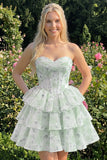 Corsé corsé rosa de cortes florales en línea A de nivel Sweetheart Vestido corto de bienvenida