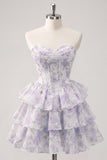 Corsé corsé rosa de cortes florales en línea A de nivel Sweetheart Vestido corto de bienvenida