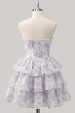 Corsé corsé rosa de cortes florales en línea A de nivel Sweetheart Vestido corto de bienvenida