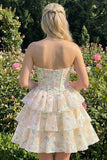 Corsé corsé rosa de cortes florales en línea A de nivel Sweetheart Vestido corto de bienvenida