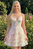 Vestido de bienvenida rosa con volantes de tirantes finos en línea A con tirantes finos en línea A