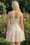 Vestido de bienvenida rosa con volantes de tirantes finos en línea A con tirantes finos en línea A