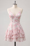 Vestido de bienvenida rosa con volantes de tirantes finos en línea A con tirantes finos en línea A