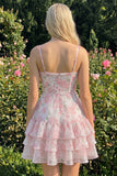 Vestido de bienvenida rosa con volantes de tirantes finos en línea A con tirantes finos en línea A