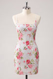 Vestido de bienvenida de bienvenida con Bodycon blanco blanco brillante de tirantes finos florales con lentejuelas