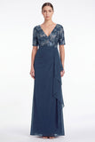 Vestido largo de madre de la novia, vestido largo de sirena sirena con escote en V y chiffon fruncido