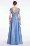 Vestido largo de Madre de la Novia azul de escote en V con escote en V y manga corta
