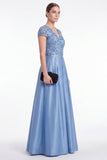 Vestido largo de Madre de la Novia azul de escote en V con escote en V y manga corta