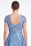 Vestido largo de Madre de la Novia azul de escote en V con escote en V y manga corta