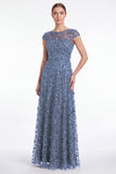 Vestido largo de madre de la novia con lentejuelas de cuello redondo azul marino línea A y manga gorda
