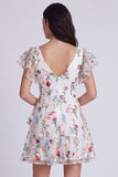 Vestido de graduación floral marfil de escote en V con volantes