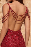 Vestido corto de bienvenida a casa con lentejuelas verde oscuro de hombro frío y flecos