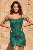Vestido corto de bienvenida a casa con lentejuelas verde oscuro de hombro frío y flecos