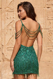 Vestido corto de bienvenida a casa con lentejuelas verde oscuro de hombro frío y flecos