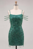 Vestido corto de bienvenida a casa con lentejuelas verde oscuro de hombro frío y flecos