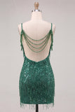 Vestido corto de bienvenida a casa con lentejuelas verde oscuro de hombro frío y flecos