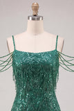 Vestido corto de bienvenida a casa con lentejuelas verde oscuro de hombro frío y flecos