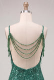 Vestido corto de bienvenida a casa con lentejuelas verde oscuro de hombro frío y flecos