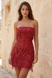 Vestido corto de bienvenida a casa, cortejo burdeos con flecos y tirantes,