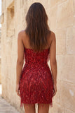 Vestido corto de bienvenida a casa, cortejo burdeos con flecos y tirantes,