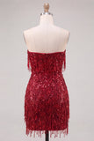 Vestido corto de bienvenida a casa, cortejo burdeos con flecos y tirantes,