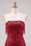 Vestido corto de bienvenida a casa, cortejo burdeos con flecos y tirantes,