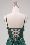 Corsé verde oscuro con tirantes finos Vestido corto floral de bienvenida con encaje en la espalda