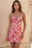 Corsé rojo Sweetheart Bodycon floral fruncido vestido corto de bienvenida