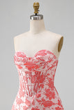 Corsé rojo Sweetheart Bodycon floral fruncido vestido corto de bienvenida