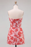 Corsé rojo Sweetheart Bodycon floral fruncido vestido corto de bienvenida