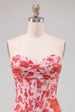 Corsé rojo Sweetheart Bodycon floral fruncido vestido corto de bienvenida