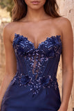 Corsé azul marino Sweetheart Bodycon con lentejuelas florales y satén vestido corto de bienvenida