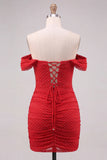 Vestido corto de bienvenida con cordones rojos fruncidos, cordones descubiertos,