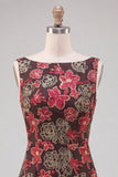 Vestido de bienvenida corto ajustado con escote bateau de flores rojas y volantes