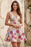 Vestido corto de bienvenida de bienvenida de flores fucsia con escote en V y cuello en V