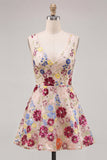 Vestido corto de bienvenida de bienvenida de flores fucsia con escote en V y cuello en V