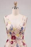 Vestido corto de bienvenida de bienvenida de flores fucsia con escote en V y cuello en V