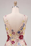 Vestido corto de bienvenida de bienvenida de flores fucsia con escote en V y cuello en V