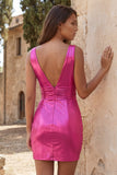 Vestido de bienvenida corto ajustado y ajustado de escote en V azul cielo metálico