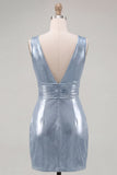 Vestido de bienvenida corto ajustado y ajustado de escote en V azul cielo metálico