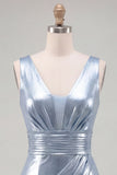 Vestido de bienvenida corto ajustado y ajustado de escote en V azul cielo metálico