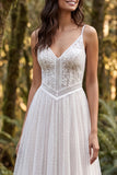Vestido largo de novia de tirantes finos con volantes en línea A de marfil