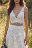 Vestido largo de novia de 2 piezas, línea A de dos piezas, encaje en pico, con abertura