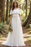 Vestido de novia largo de tul largo en línea marfil con hombros descubiertos
