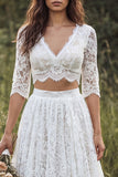 Vestido de novia de 2 piezas, escote en V y encaje largo, línea A, con manga media