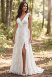 Vestido largo de novia largo de línea A en línea en A, escote en V y volantes, con abertura