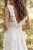 Vestido largo de novia largo de línea A en línea en A, escote en V y volantes, con abertura