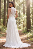 Vestido de novia de encaje marfil largo con abertura en línea A con halter.