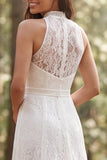 Vestido de novia de encaje marfil largo con abertura en línea A con halter.